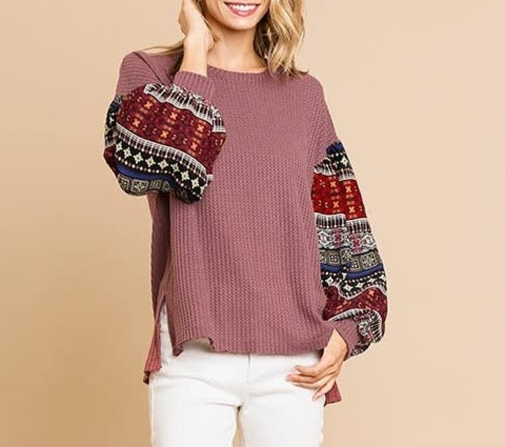 Umgee Mauve Oversized Waffle Knit Print Long Puff Sleeve Round Neck Top Size L